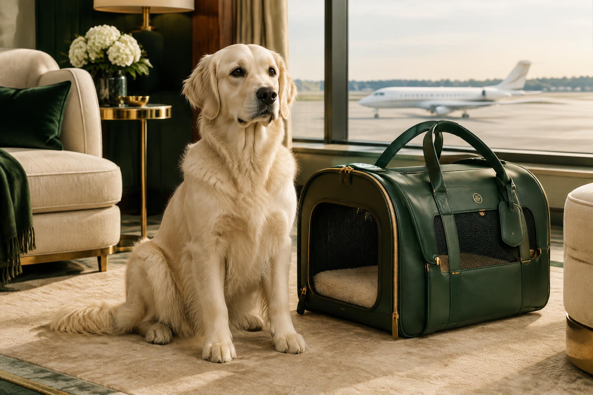 A dog beside a luxury pet carrier in a private airport lounge with a jet on the tarmac